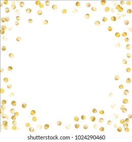 Golden Frame of Confetti Isolated on White Background. Festive Pattern with Glitter for Christmas and New Year Decoration, Birthday Invitation, Poster or Greeting Card. Wreath of Gold Confetti.