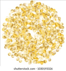 Golden Frame of Confetti Isolated on White Background. Festive Pattern with Glitter for Christmas and New Year Decoration, Birthday Invitation, Poster or Greeting Card. Wreath of Gold Confetti.