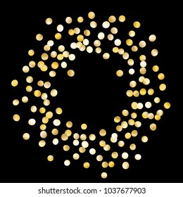 Golden Frame of Confetti Isolated on Black Background. Festive Pattern with Tinsels for Christmas and New Year Decoration, Birthday Invitation, Poster or Greeting Card. Wreath of Gold Confetti.