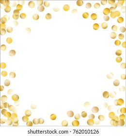 Golden Frame of Confetti Isolated on White Background. Festive Pattern with Glitter for Christmas and New Year Decoration, Birthday Invitation, Poster or Greeting Card. Vector Gold Confetti.