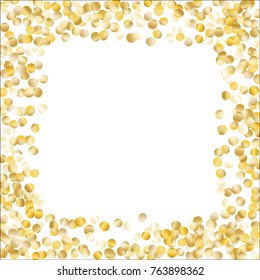 Golden Frame of Confetti Isolated on White Background. Festive Pattern with Sparkles for Christmas and New Year Decoration, Birthday Invitation, Poster or Greeting Card. Vector Gold Confetti.