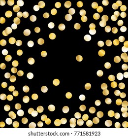 Golden Frame of Confetti Isolated on Black Background. Festive Pattern with Sparkles for Christmas and New Year Decoration, Birthday Invitation, Poster or Greeting Card. Wreath of Gold Confetti.