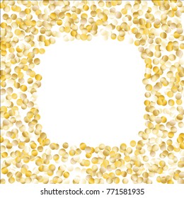 Golden Frame of Confetti Isolated on White Background. Festive Pattern with Glitter for Christmas and New Year Decoration, Birthday Invitation, Poster or Greeting Card. Vector Gold Confetti.