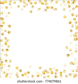 Golden Frame of Confetti Isolated on White Background. Festive Pattern with Tinsels for Christmas and New Year Decoration, Birthday Invitation, Poster or Greeting Card. Vector Gold Confetti.
