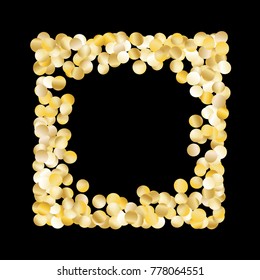 Golden Frame of Confetti Isolated on Black Background. Dark Festive Pattern with Tinsels for Christmas and New Year Decoration, Birthday Invitation, Poster or Greeting Card. Vector Gold Confetti.