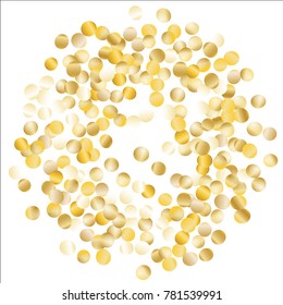 Golden Frame of Confetti Isolated on White Background. Festive Pattern with Sparkles for Christmas and New Year Decoration, Birthday Invitation, Poster or Greeting Card. Wreath of Gold Confetti.