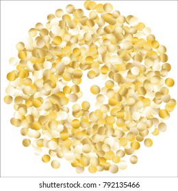 Golden Frame of Confetti Isolated on White Background. Festive Pattern with Sparkles for Christmas and New Year Decoration, Birthday Invitation, Poster or Greeting Card. Wreath of Gold Confetti.