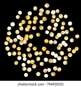 Golden Frame of Confetti Isolated on Black Background. Festive Pattern with Sparkles for Christmas and New Year Decoration, Birthday Invitation, Poster or Greeting Card. Wreath of Gold Confetti.