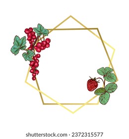 Golden frame with currant sprig and strawberry sprig. Vector illustration of a beautiful frame. Greeting cards, wedding invitations, holiday banners.