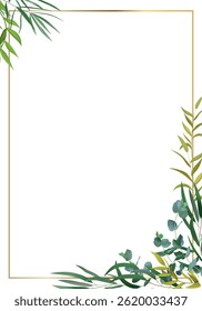 Golden frame decorated with exotic palm and eucalyptus leaves and branches creating a tropical invitation card, banner or template with copy space