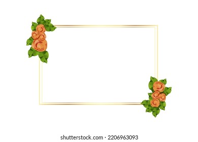 Golden frame decorated with roses flowers and leaves in cartoon style isolated on white background. Template for greeting, invitation.