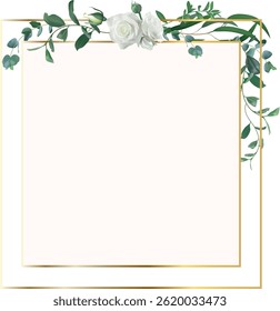 Golden frame decorated with white roses, eucalyptus leaves and other greenery, creating a sophisticated and natural aesthetic perfect for wedding invitations, greeting cards or any elegant design