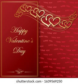 golden frame and decorative gold hearts on dark red background - vector valentine greeting card