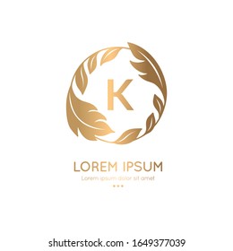 Golden frame with decorative vector leaves. Elegant, classic elements. Can be used for jewelry, beauty and fashion industry. Great for logo, emblem, background or any desired idea.