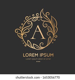Marco dorado con hojas vectoriales decorativas. Elementos elegantes y clásicos. Se puede utilizar para la joyería, la belleza y la industria de la moda. Ideal para el logotipo, emblema, fondo o cualquier idea deseada.