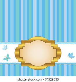 Golden frame design for greeting card and butterflies. Vector.