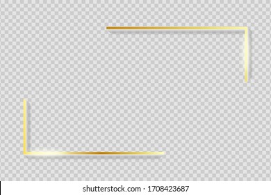 Golden frame elements. Gold angles border on transparent background with shadow. Rectangle corners with glow shine and light effect. Vector illustration.