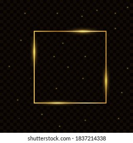Golden frame elements. Gold angles border on transparent background with shadow. Rectangle corners with glow shine and light effect. Vector illustration.
