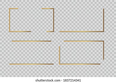 Golden frame elements. Gold angles border on transparent background with shadow. Rectangle corners with glow shine and light effect. Vector illustration.