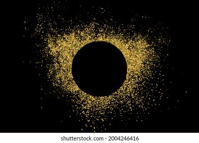Goldener Rahmen Explosion von Confetti. Gold Glitter Textur einzeln auf Schwarz. Platz für Text. Feierlicher Hintergrund. Vektorgrafik, EPS10.