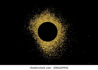 Explosión De Marco Dorado De Confetti. Textura Glitter De Oro Aislada En Negro. Espacio Para Texto. Fondo Celebratorio. Ilustración De Vectores, Eps 10.