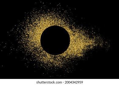 Explosión De Marco Dorado De Confetti. Textura Glitter De Oro Aislada En Negro. Espacio Para Texto. Fondo Celebratorio. Ilustración De Vectores, Eps 10.