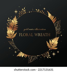 Golden frame ferns for decorative design. Golden border design. Vector illustration.