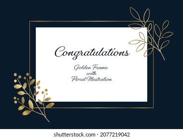 Golden Frame with Floral Illustration, Navy background