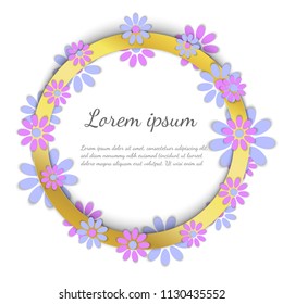 Golden frame with flower wreath isolated on white background. Template vector illustration. Place for your text. Trendy minimalistic style. Colored gold shine. High quality image. Vector stock lot of