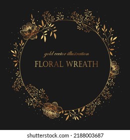 Golden Frame Flowers For Decorative Design. Golden Border Design. Vector Illustration.