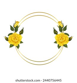 Golden frame with flowers and leaves of yellow roses.Vector graphics.