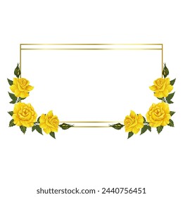 Golden frame with flowers and leaves of yellow roses.Vector graphics.