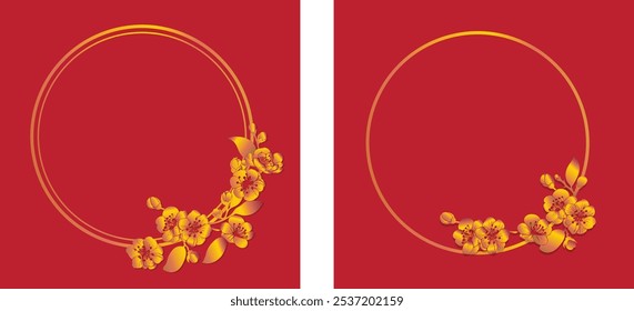Golden frame and flowers on a red background Used in designing cards and various printed media. During the Chinese New Year festival