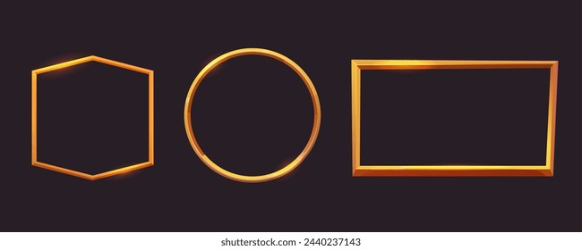 Golden frame game medieval menu, user interface shiny border. Empty borders in medieval style, fantasy decoration different shapes isolated on dark background. 
