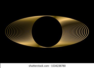 Golden frame with geometrical  shapes in spiral isolated on dark black background. Metallic gold stars for luxury wallpaper, jewel shop label, web page, rich concept, brand or company logo.