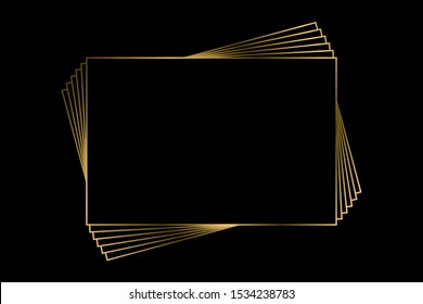 Golden frame with geometrical  shapes in spiral isolated on dark black background. Metallic gold stars for luxury wallpaper, jewel shop label, web page, rich concept, brand or company logo.