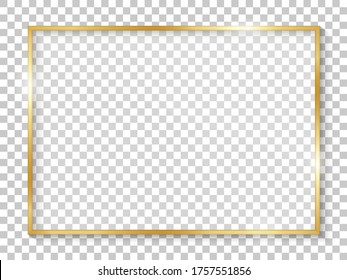 Golden frame with glass. Rectangle border. Gold frame boarder. Golden vintage border. Shiny glowing rectangle boarder isolated on background. Design luxury rectangular gold frame with shadow. Vector