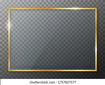 Golden frame with glass. Rectangle border mockup. Gold frame boarder. Golden vintage border. Shiny glowing rectangle boarder isolated on background. Design luxury rectangular frame with shadow. Vector