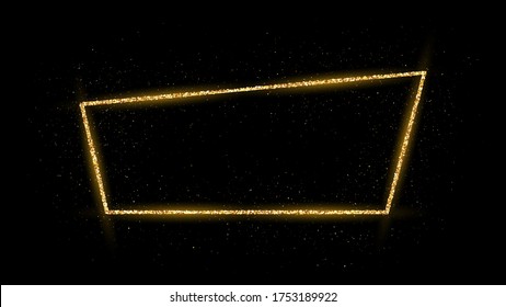 Golden frame with glitter, sparkles and flares on dark background. Empty luxury backdrop. Vector illustration.