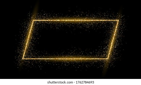 Golden frame with glitter, sparkles and flares on dark background. Empty luxury backdrop. Vector illustration.