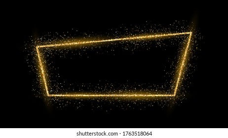 Golden frame with glitter, sparkles and flares on dark background. Empty luxury backdrop. Vector illustration.