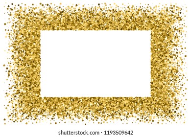 Golden frame glitter texture isolated on white.  Editable template for flyer, card, banner design, web, cover, poster.. Celebratory background. Gold explosion of confetti. Vector illustration, eps 10.