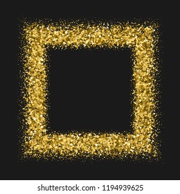 Golden frame. Glitter texture isolated on black. Editable template. Glittering celebratory background. Gold explosion of confetti. Vector illustration, eps 10.