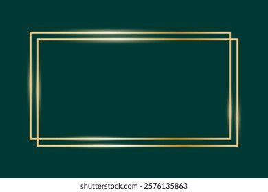 Golden frame with glowing effect on dark green background, vector illustration. Elegant and decorative design with copy space for invitations, cards, banners, and luxury concepts.