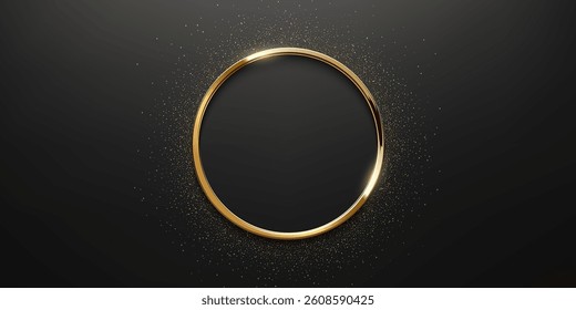 Golden frame with glowing glitter light effect on black background. Elegant award emblem with shiny gold outline. Luxury vector design element for certificate, label, logo or achievement symbol