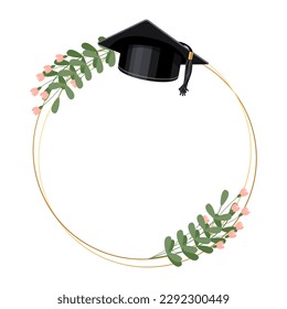 Golden frame with graduation cap, certificate and flowers. Design for graduate diploma, awards. Education concept. Vector