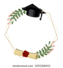 Golden frame with graduation cap, certificate and flowers. Design for graduate diploma, awards. Education concept. Vector