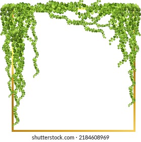 Golden frame with green  branch.Abstract invitation design with leaves, tvigs and  geometric frame.Herbal minimalistic vector frame.Greenery wedding square invitation.