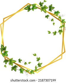 Golden frame with green  branch.Abstract invitation design with leaves, tvigs and  geometric frame.Herbal minimalistic vector frame.Greenery wedding square invitation.