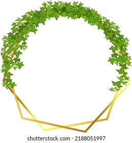 Golden frame with green  branch.Abstract invitation design with leaves, tvigs and  geometric frame.Herbal minimalistic vector frame.Greenery wedding square invitation.